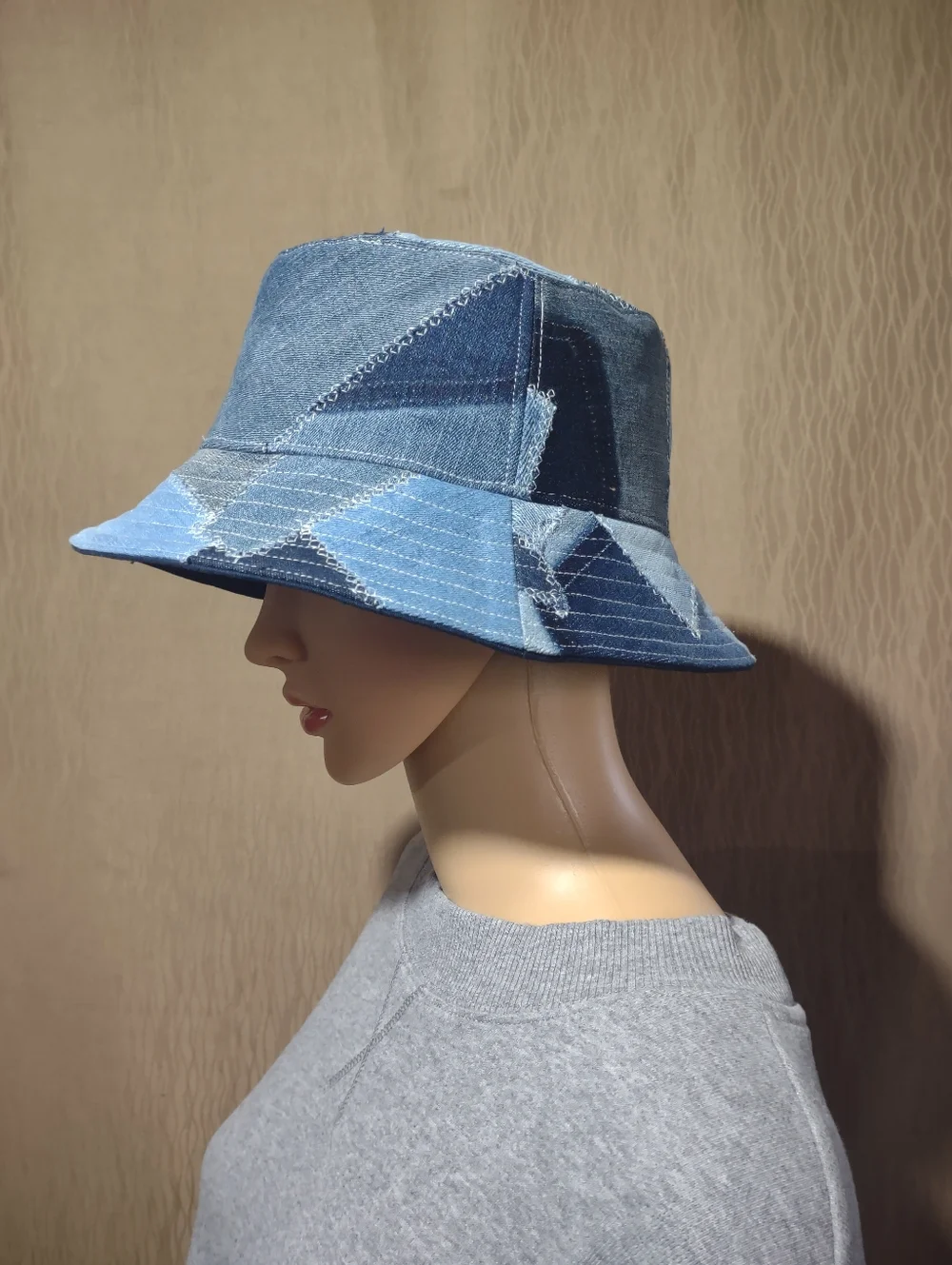Handmade Upcycled Reversible Patchwork Denim & Navy Bucket Hat - Picture 6 of 12